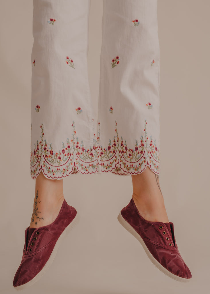 Old Arum Sneakers — White embroidered pants and burgundy sneakers on model — MYFASHIONFRUIT