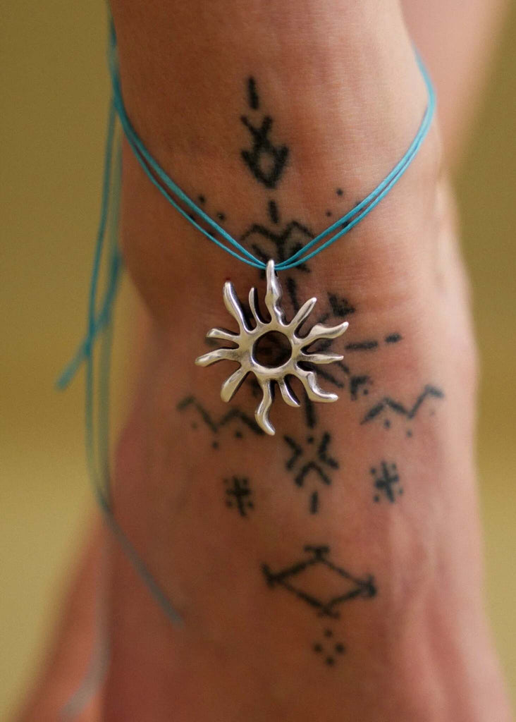 Sandya Pendant — Silver sun on blue cord, detail — MYFASHIONFRUIT