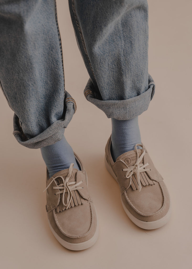 Figuera Boat Shoes — Beige suede shoes on a model with blue jeans — MYFASHIONFRUIT