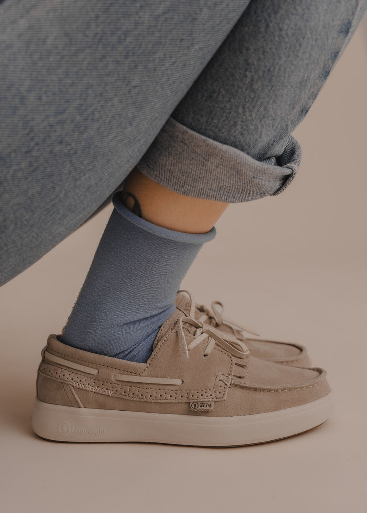 Figuera Boat Shoes — Beige boat shoes, denim jeans, blue socks — MYFASHIONFRUIT