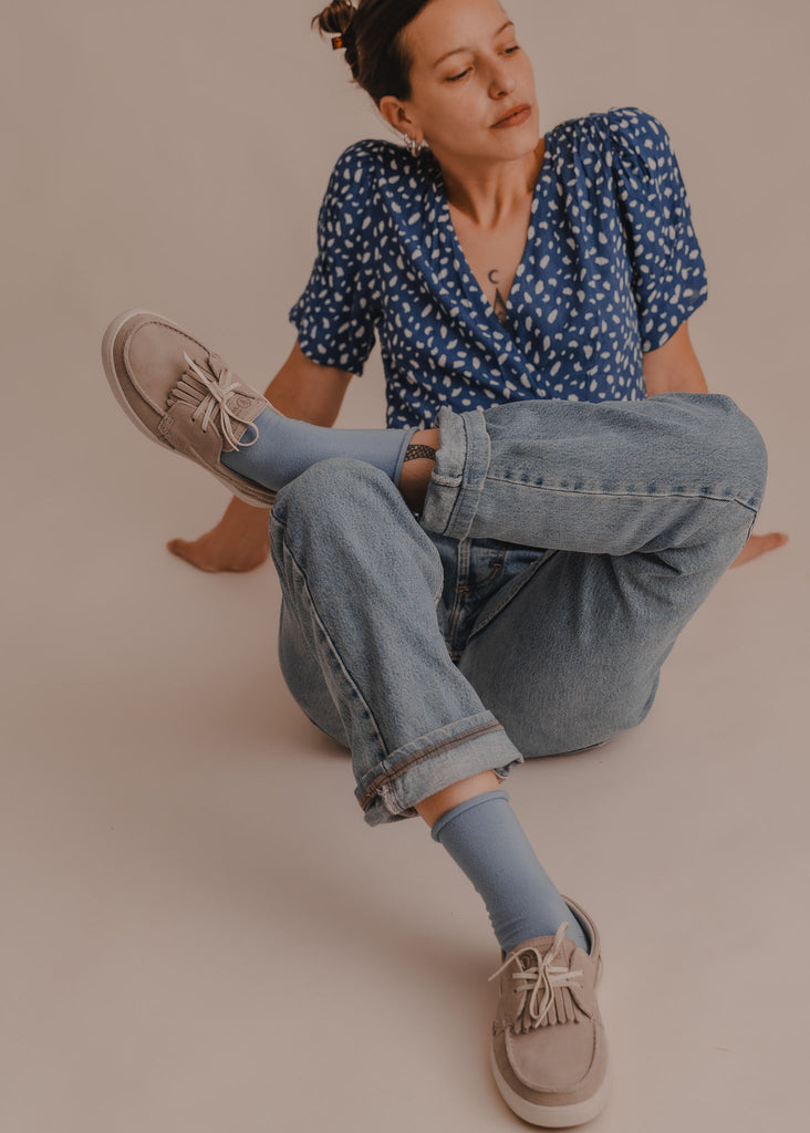 Figuera Boat Shoes — Beige suede boat shoes on model with jeans and blouse — MYFASHIONFRUIT