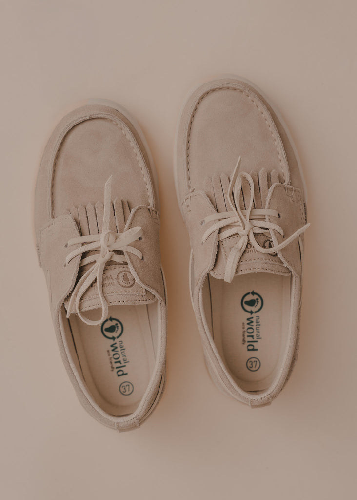 Figuera Boat Shoes — Beige suede boat shoes with laces and fringe detail — MYFASHIONFRUIT