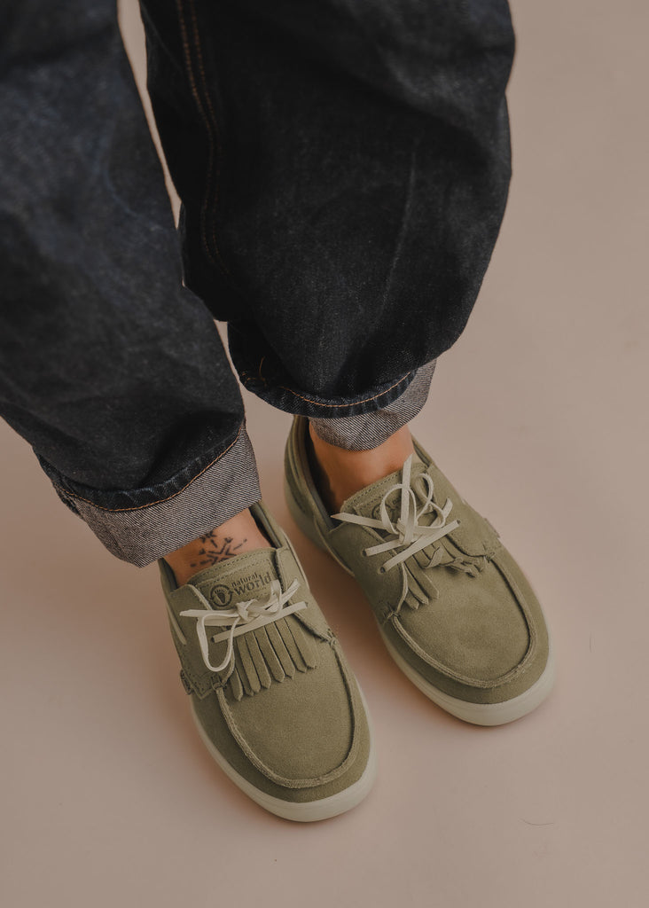 Figuera Boat Shoes — Green suede boat shoes with denim jeans on model — MYFASHIONFRUIT