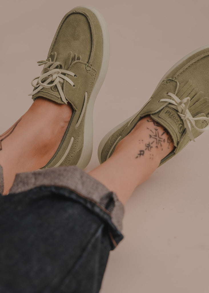 Figuera Boat Shoes — Green suede boat shoes on model — MYFASHIONFRUIT