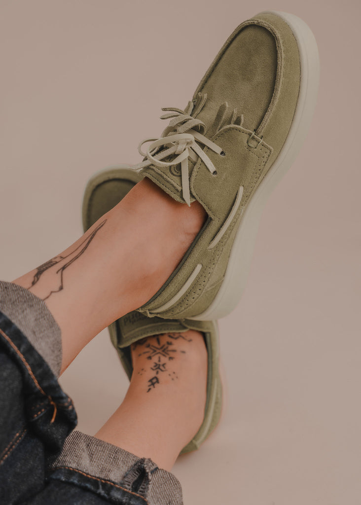 Figuera Boat Shoes — Olive green suede boat shoes on model — MYFASHIONFRUIT