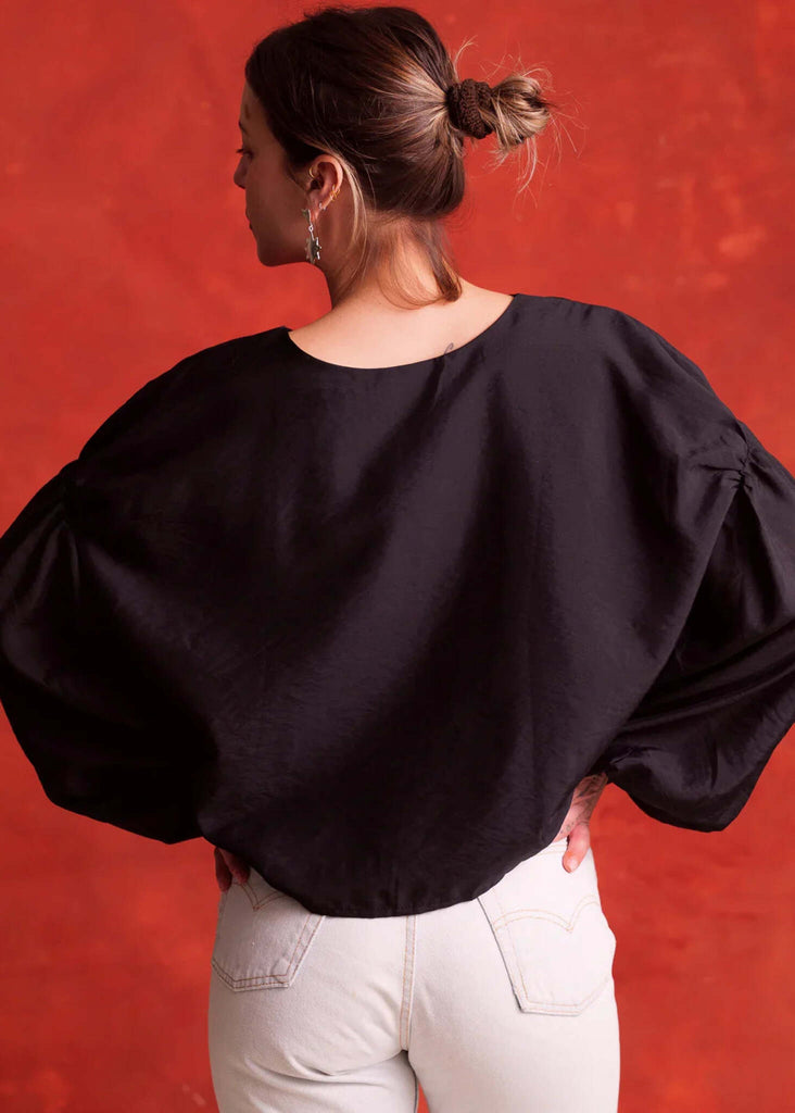 Malu Top — Back view, black with balloon sleeves on model — MYFASHIONFRUIT