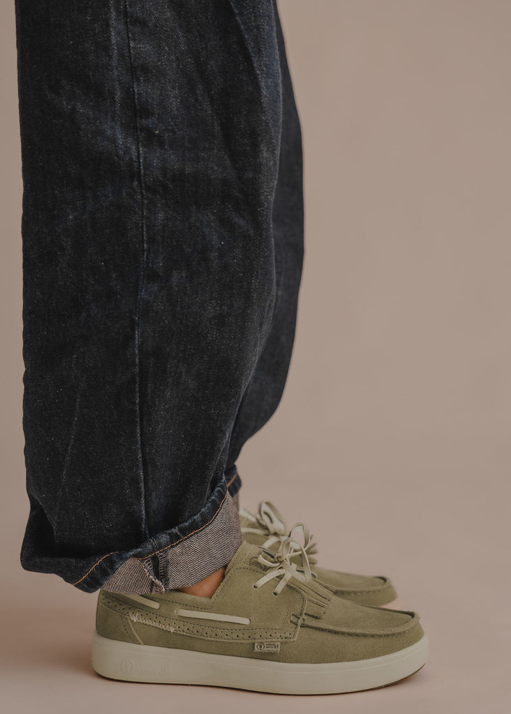 Figuera Boat Shoes — Olive green suede boat shoes with denim jeans, on model — MYFASHIONFRUIT