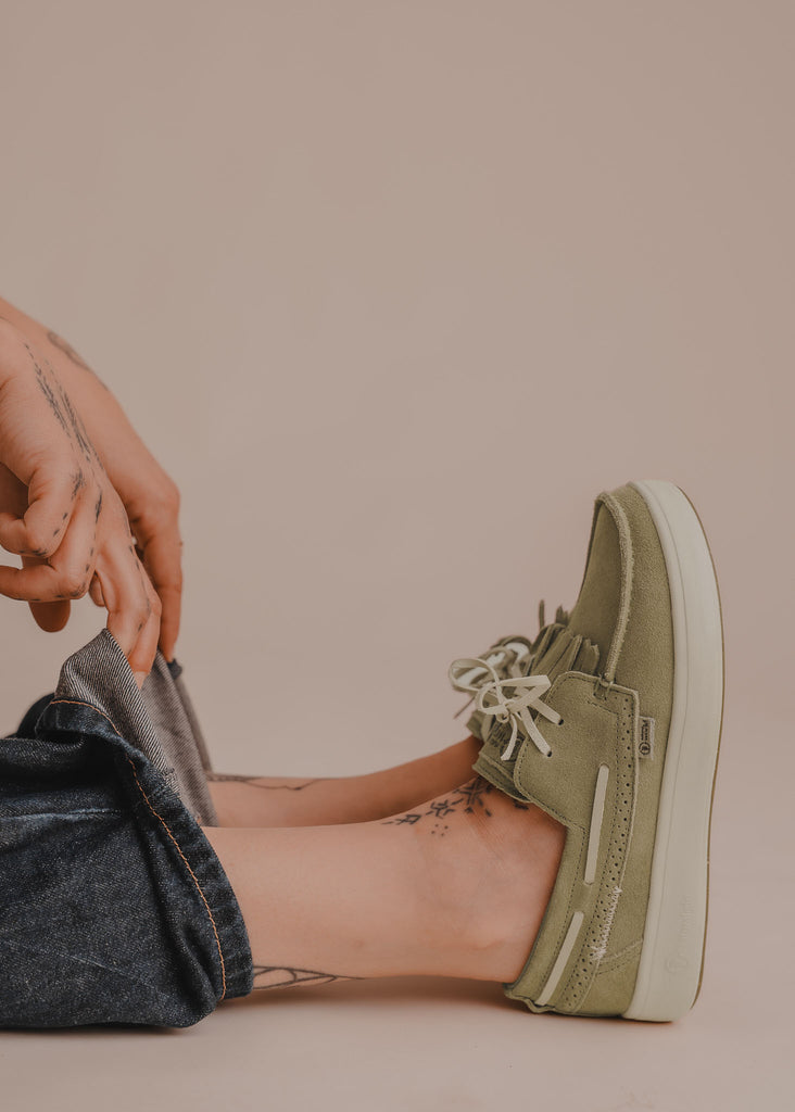 Figuera Boat Shoes — Green suede boat shoes on model — MYFASHIONFRUIT