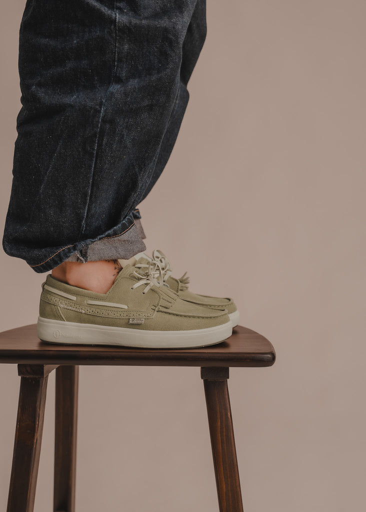 Figuera Boat Shoes — Olive green suede boat shoes on model with jeans — MYFASHIONFRUIT