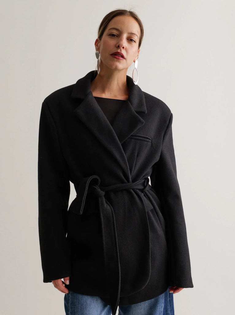 Lorenza Coat — Black belted coat on model — MYFASHIONFRUIT