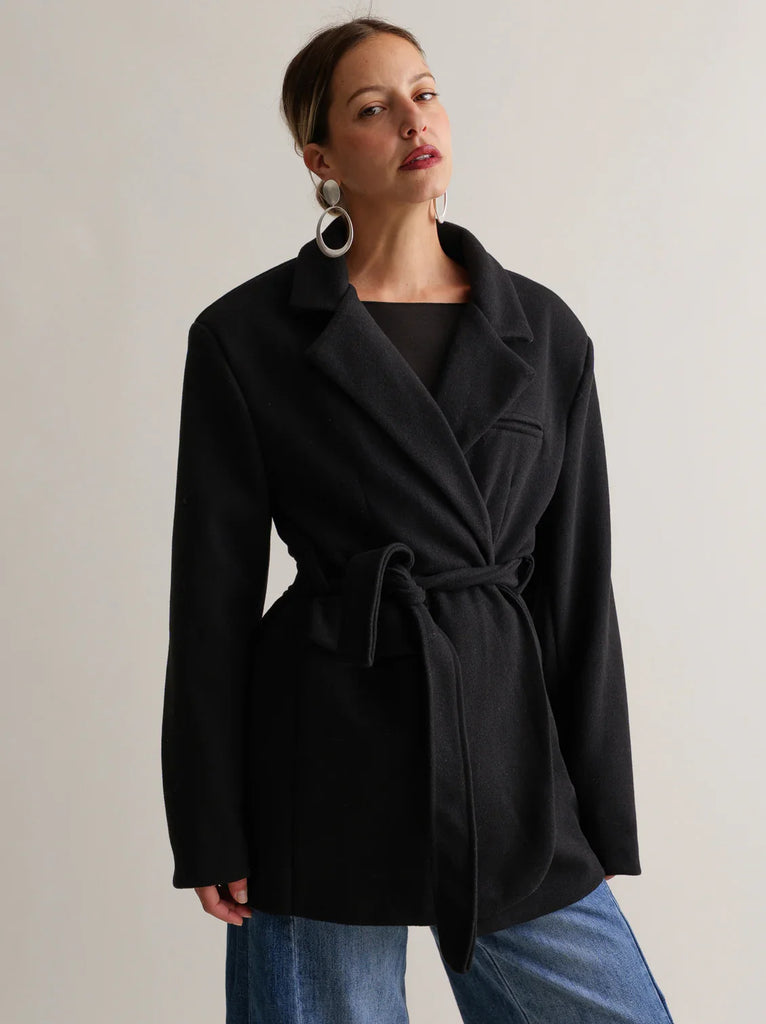 Lorenza Coat — Black belted coat on model — MYFASHIONFRUIT