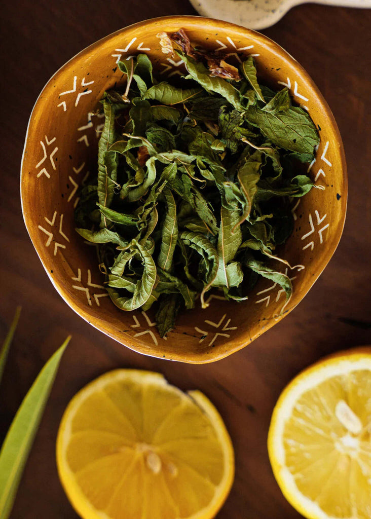 Λεμονίντζα Herbal Blend — detail, lemon & herbs in a bowl — MYFASHIONFRUIT