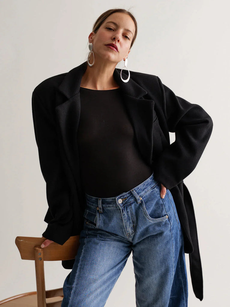 Lorenza Coat — Black wool coat on model — MYFASHIONFRUIT