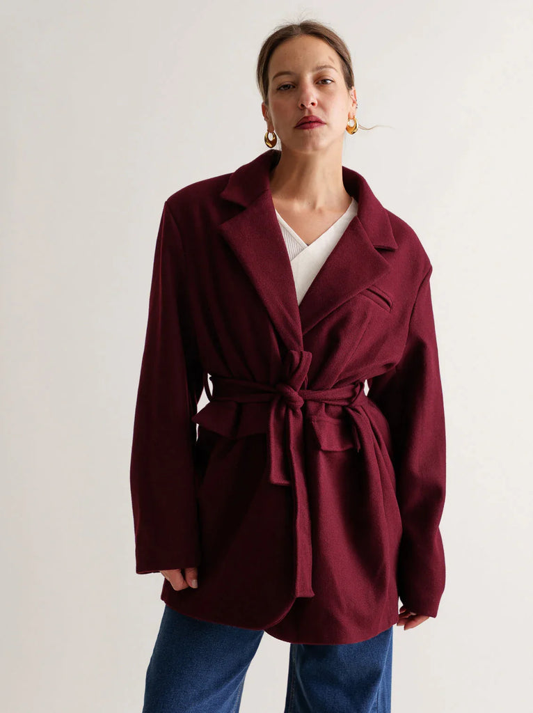 Lorenza Coat — Burgundy belted coat on model — MYFASHIONFRUIT