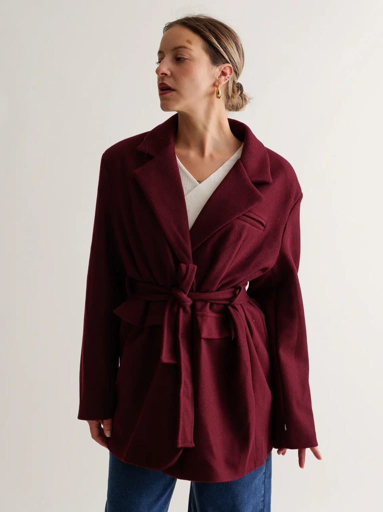 Lorenza Coat — burgundy wool on model — MYFASHIONFRUIT