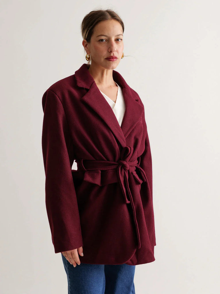 Lorenza Coat — Burgundy belted coat on model — MYFASHIONFRUIT