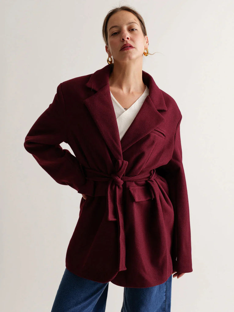 Lorenza Coat — Burgundy wool coat on model — MYFASHIONFRUIT