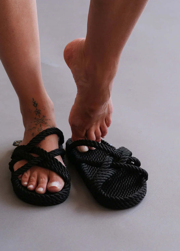 Slip On Black Sandals — black rope sandals on model — MYFASHIONFRUIT