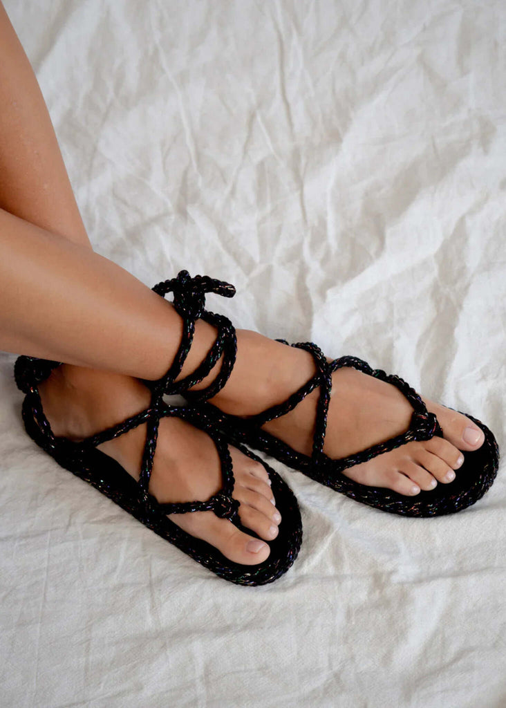Romano Black Disco Sandals — black woven sandals on model — MYFASHIONFRUIT