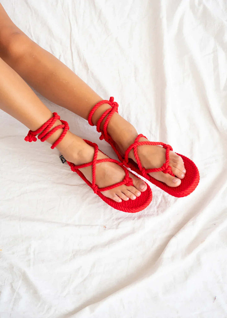 Romano Red Sandals — Red rope sandals on model — MYFASHIONFRUIT