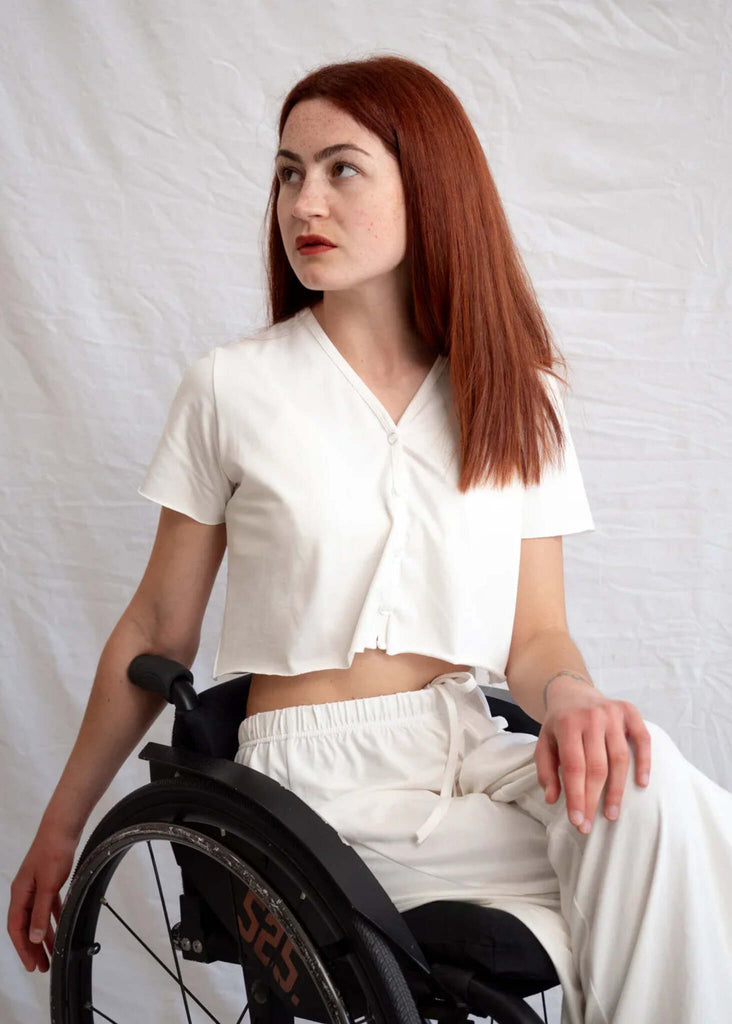 Yang Cardi — White cotton cardigan on model — MYFASHIONFRUIT