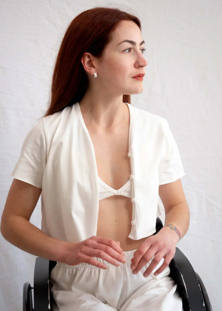 Yang Cardi — White, buttoned crop top on model — MYFASHIONFRUIT