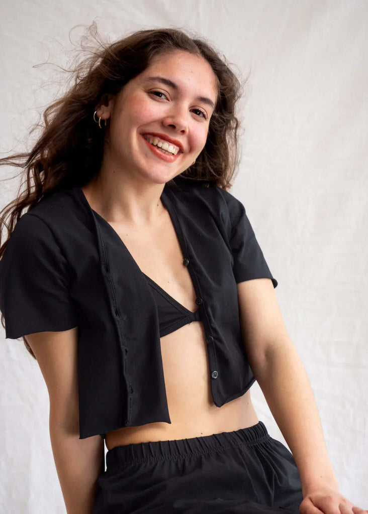 Yin Cardi — Black crop cardigan on model — MYFASHIONFRUIT