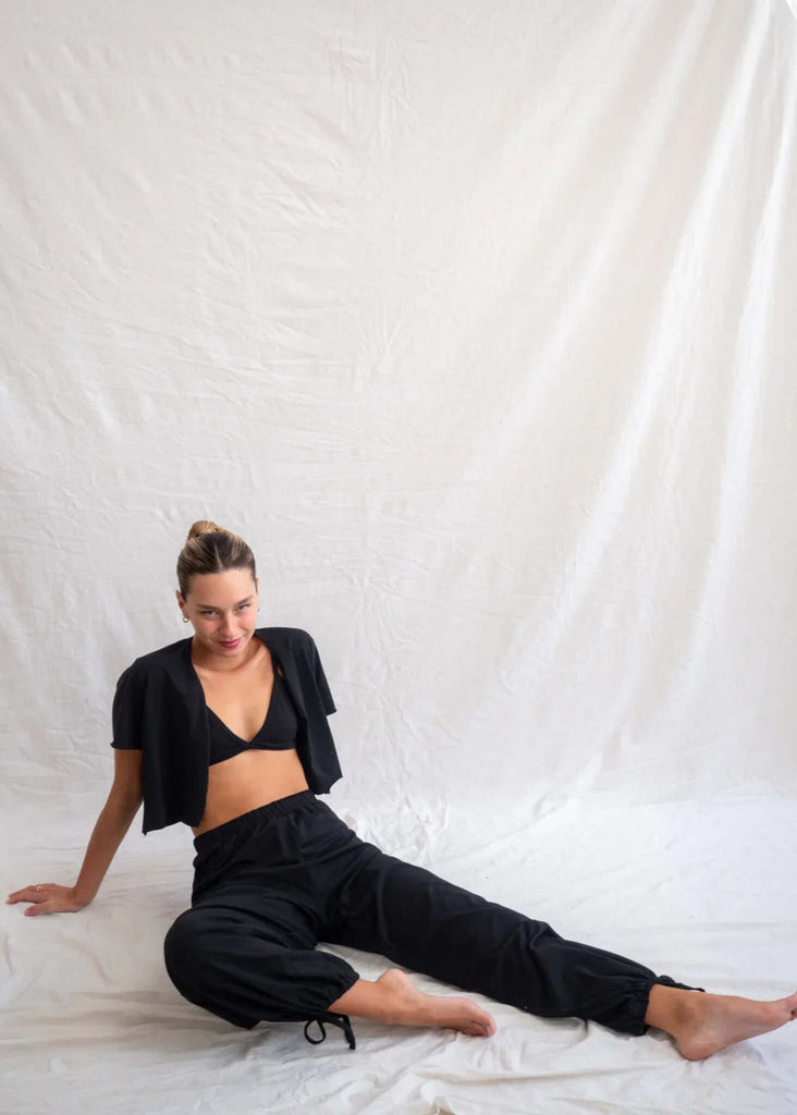 Yin Pants — Black pants with ties on model — MYFASHIONFRUIT