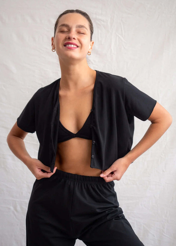 Yin Cardi — Black knit cardigan on model — MYFASHIONFRUIT