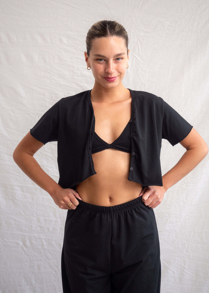 Yin Set - Pants & Cardigan on model — Black set, crop cardigan, high waist pants — MYFASHIONFRUIT