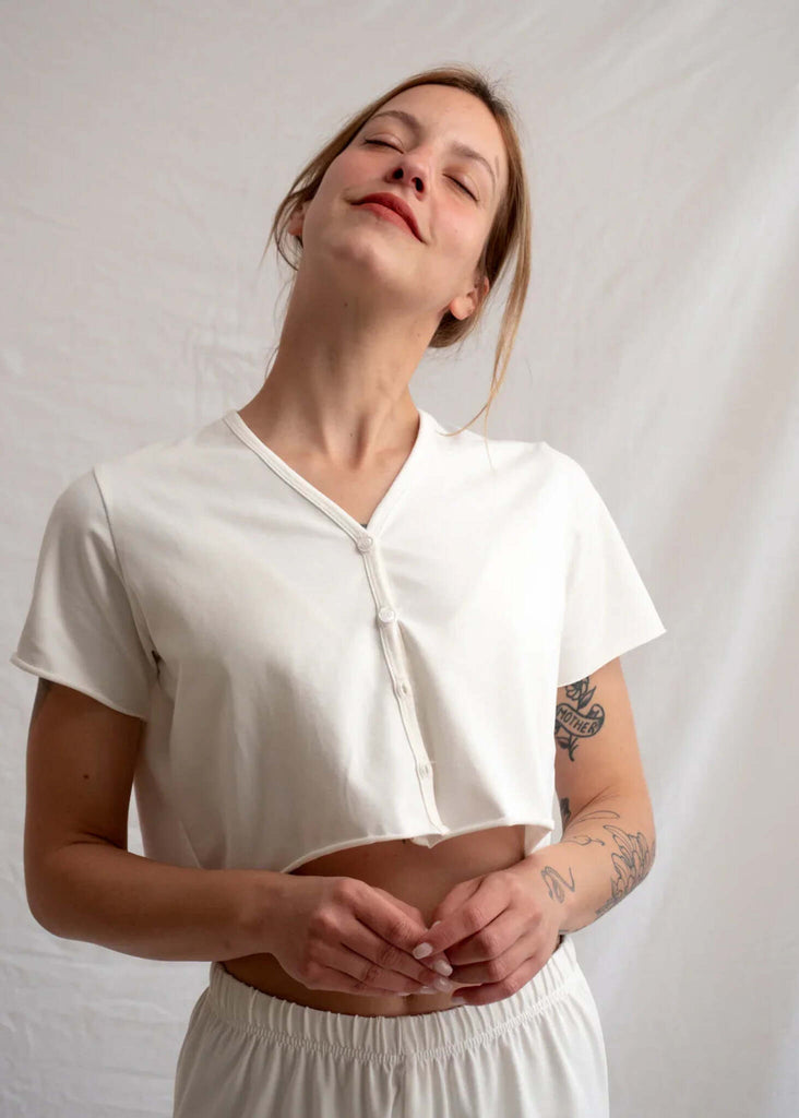 Yang Cardi — White on model, cropped, button-up — MYFASHIONFRUIT