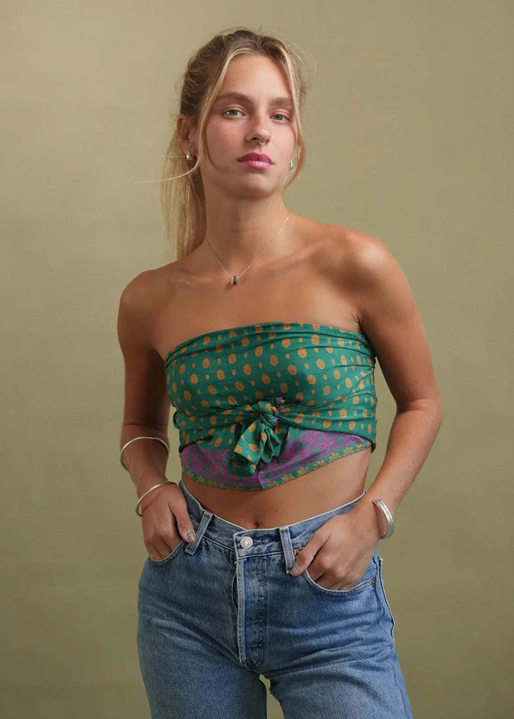 Bijal Silk Scarf - Greens — scarf top green, gold, purple on model — MYFASHIONFRUIT