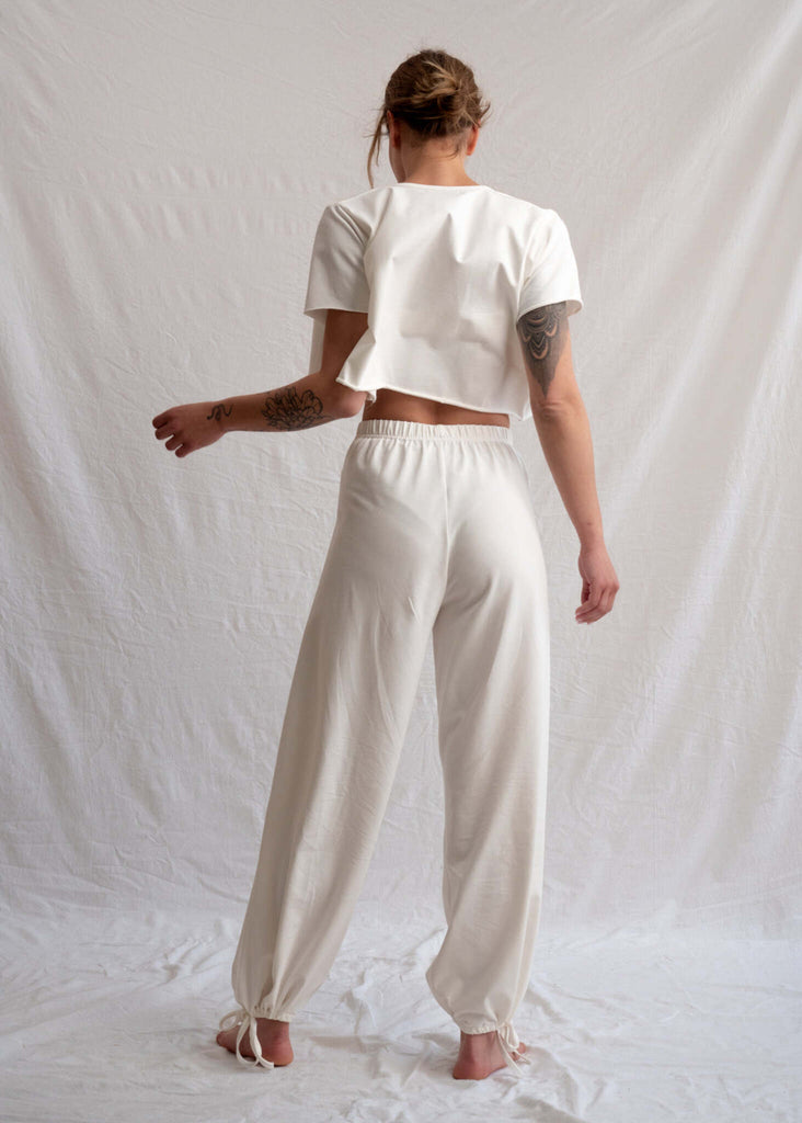 Yang Set — Creamy white crop top and pants on model — MYFASHIONFRUIT