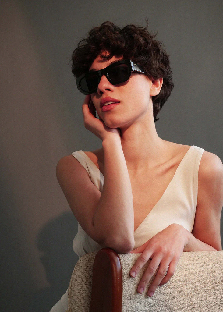 Komono ALPHA Black Tortoise Sunglasses — on model, square black frames — MYFASHIONFRUIT