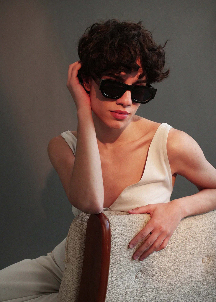 Komono ALPHA Black Tortoise Sunglasses — on model, dark frames — MYFASHIONFRUIT