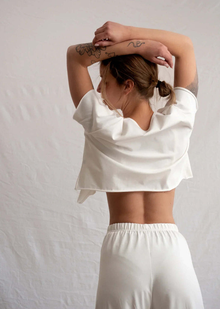 Yang Cardi — On model, white knit set from back — MYFASHIONFRUIT
