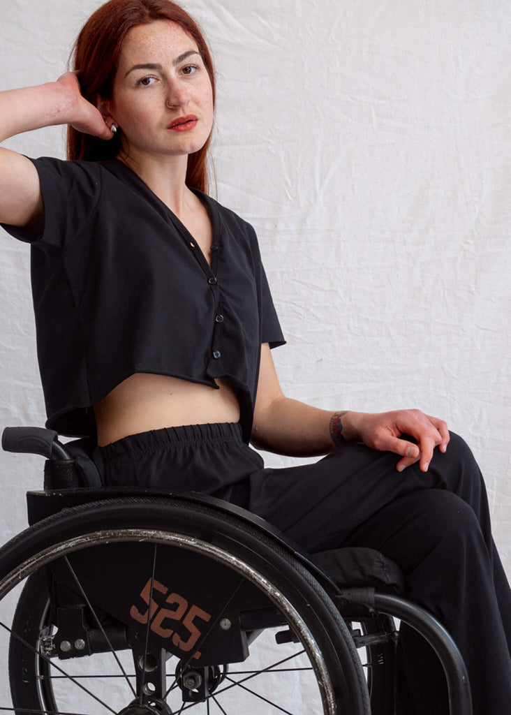 Yin Set - Pants & Cardigan — Black crop top and pants on model — MYFASHIONFRUIT