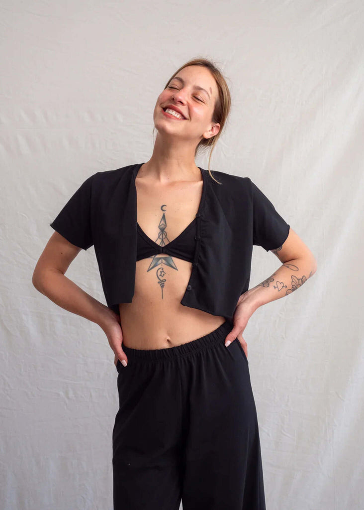Yin Cardi — Black cardi and pants on model — MYFASHIONFRUIT