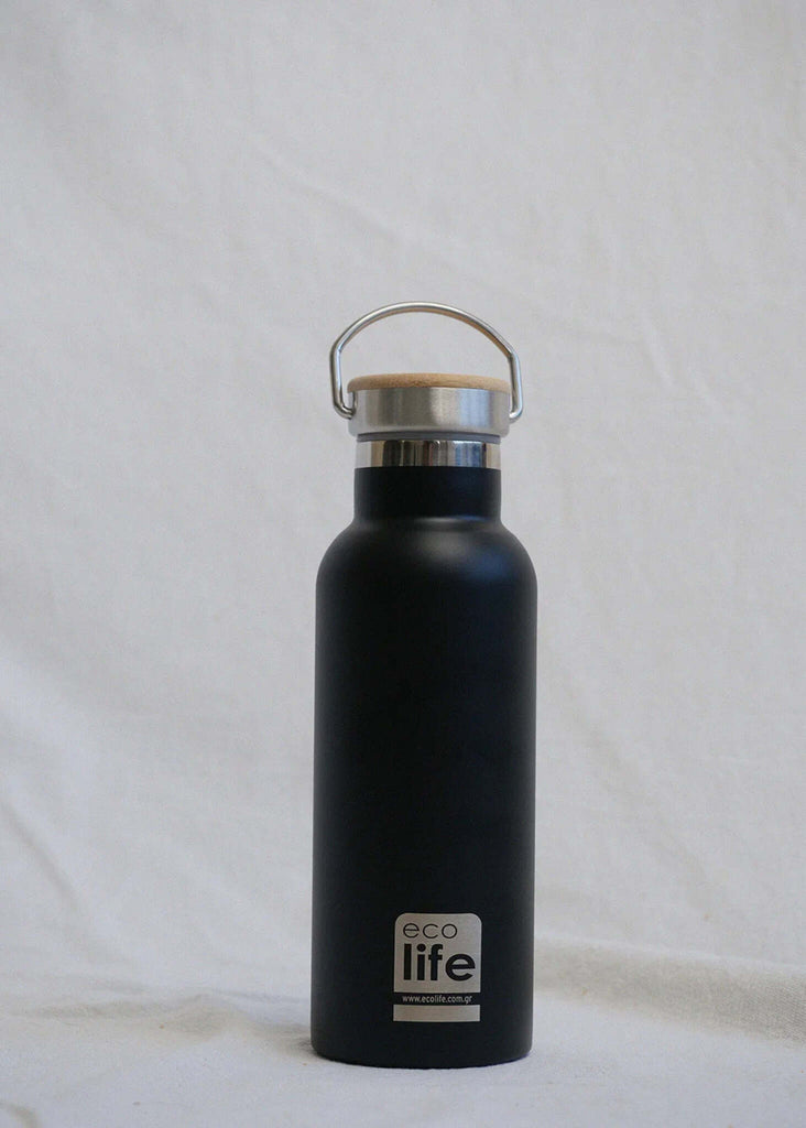 Ecolife Bamboo Black Thermos — Black bottle, bamboo top — MYFASHIONFRUIT