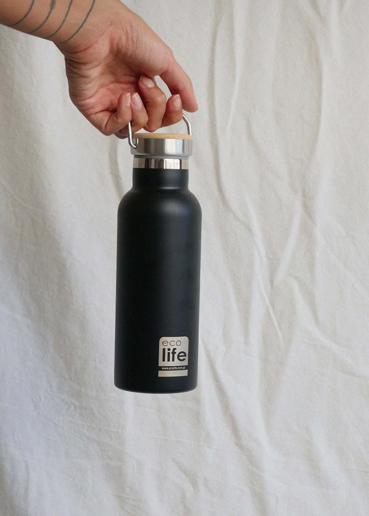 Ecolife Bamboo Black Thermos — Black thermos in hand, detail — MYFASHIONFRUIT