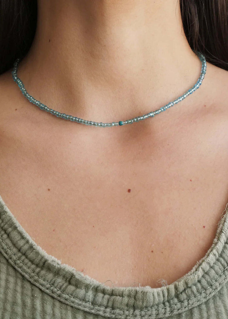 Mimi Necklace — Light blue beaded necklace on model — MYFASHIONFRUIT