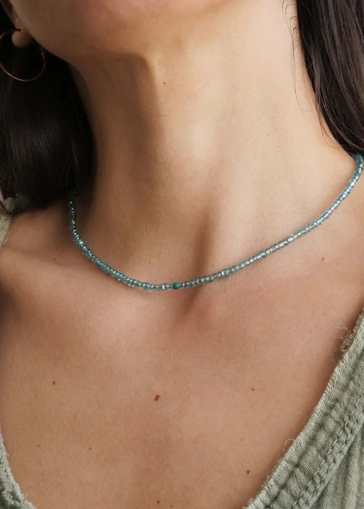 Mimi Necklace — beaded blue necklace on model — MYFASHIONFRUIT