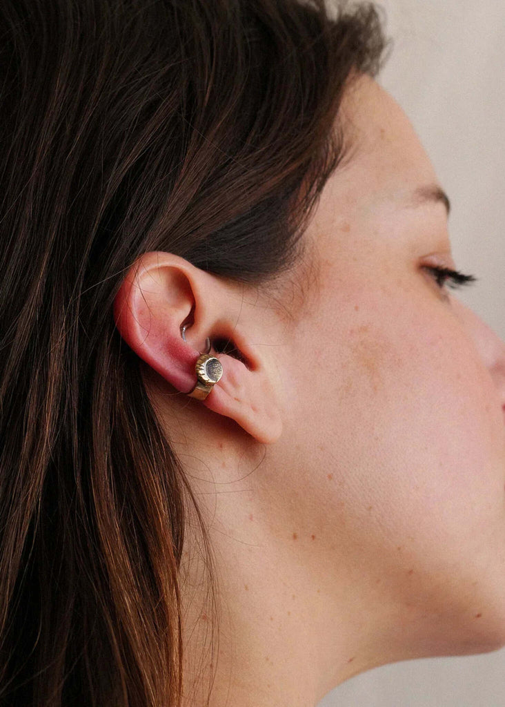 Crescent Ear Cuff — Brass ear cuff on model — MYFASHIONFRUIT