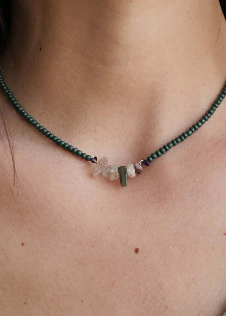 Sanai Necklace — green beaded necklace with stone details on model — MYFASHIONFRUIT