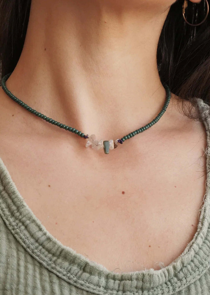 Sanai Necklace — Green beaded necklace with gems on model — MYFASHIONFRUIT