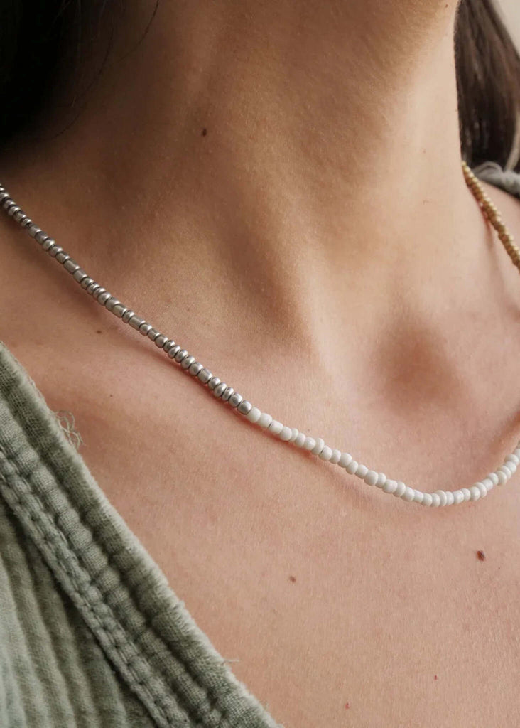 Jai Necklace — Silver, white & gold beaded necklace on model — MYFASHIONFRUIT