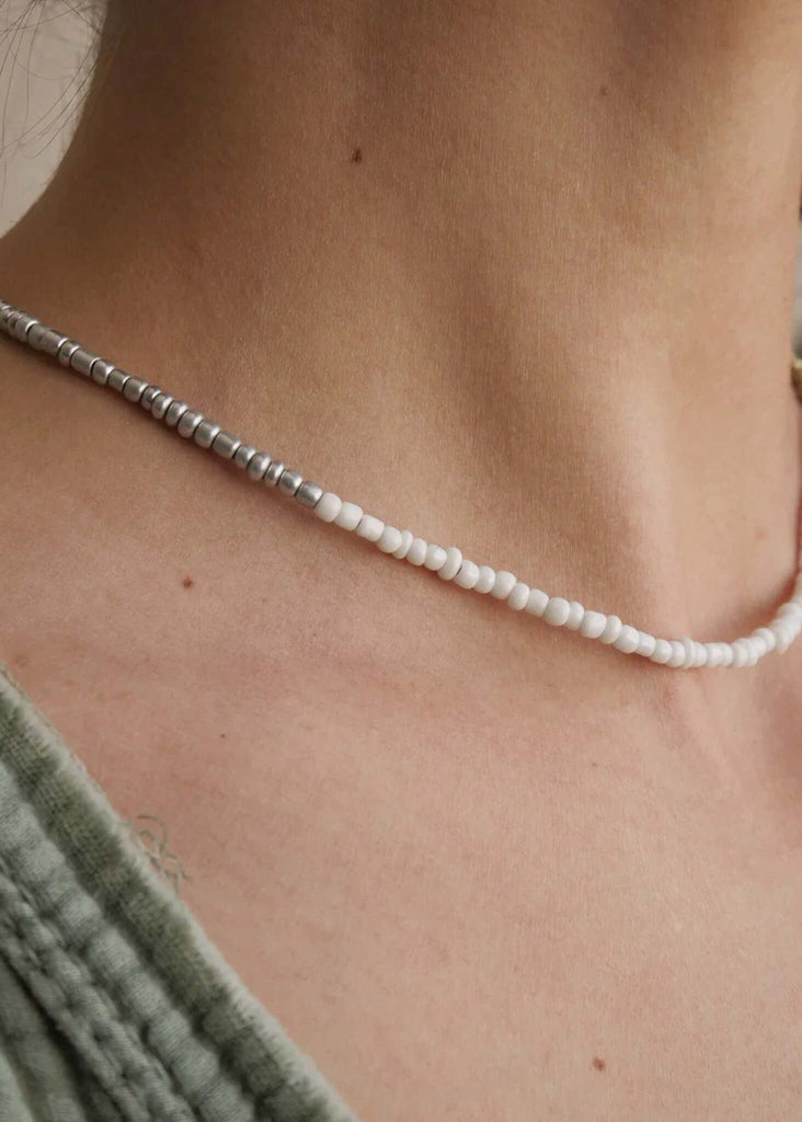 Jai Necklace — on model, white & silver beads — MYFASHIONFRUIT