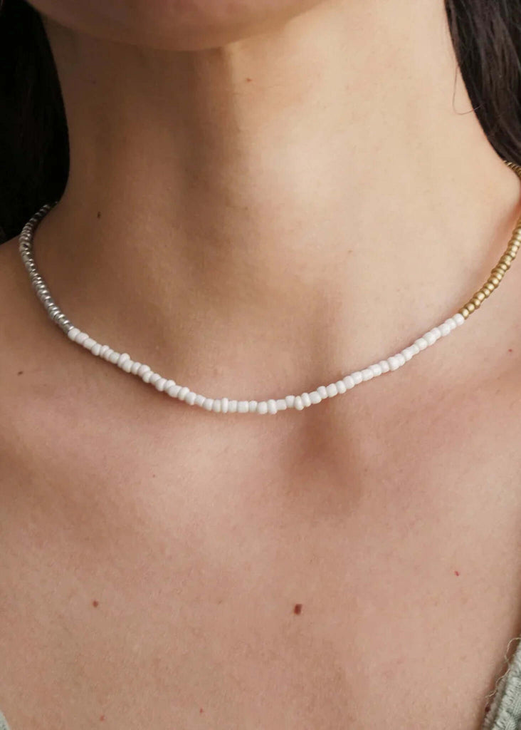 Jai Necklace — White beaded necklace on model — MYFASHIONFRUIT