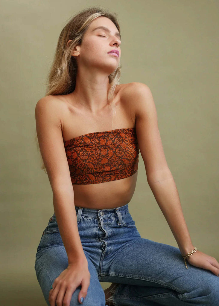 Bijal Silk Scarf — Orange paisley tube top on model — MYFASHIONFRUIT