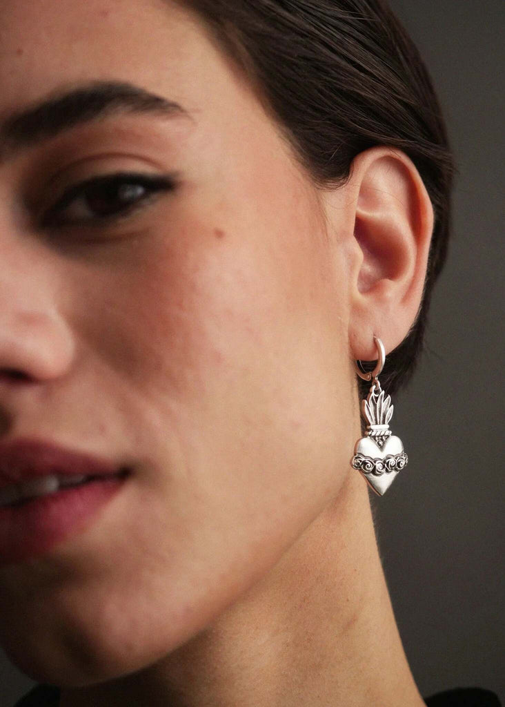 Corazon Earrings — silver heart earring on model, detail — MYFASHIONFRUIT